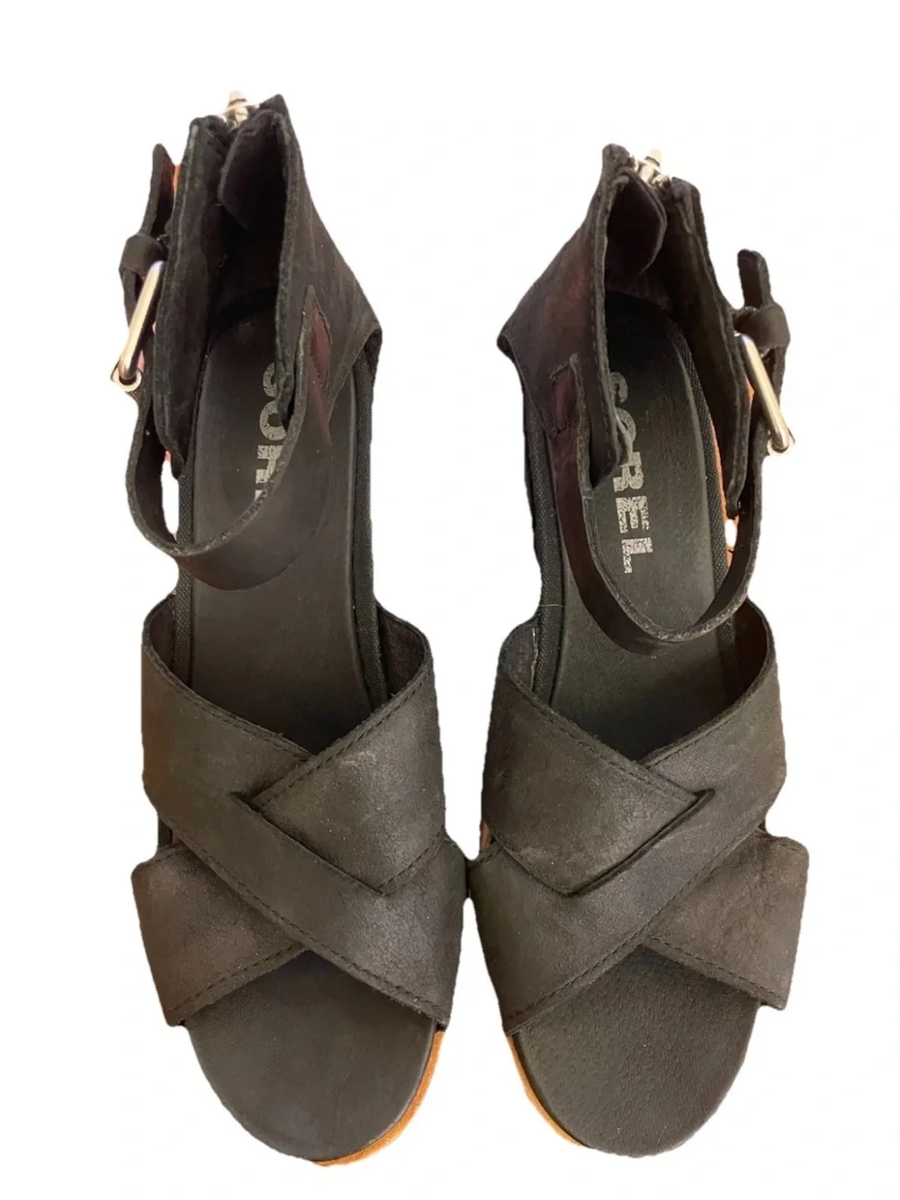 Sorel Joanie 2 Black Women's Ankle-Strap Wedge Sandals Criss Cross Leather